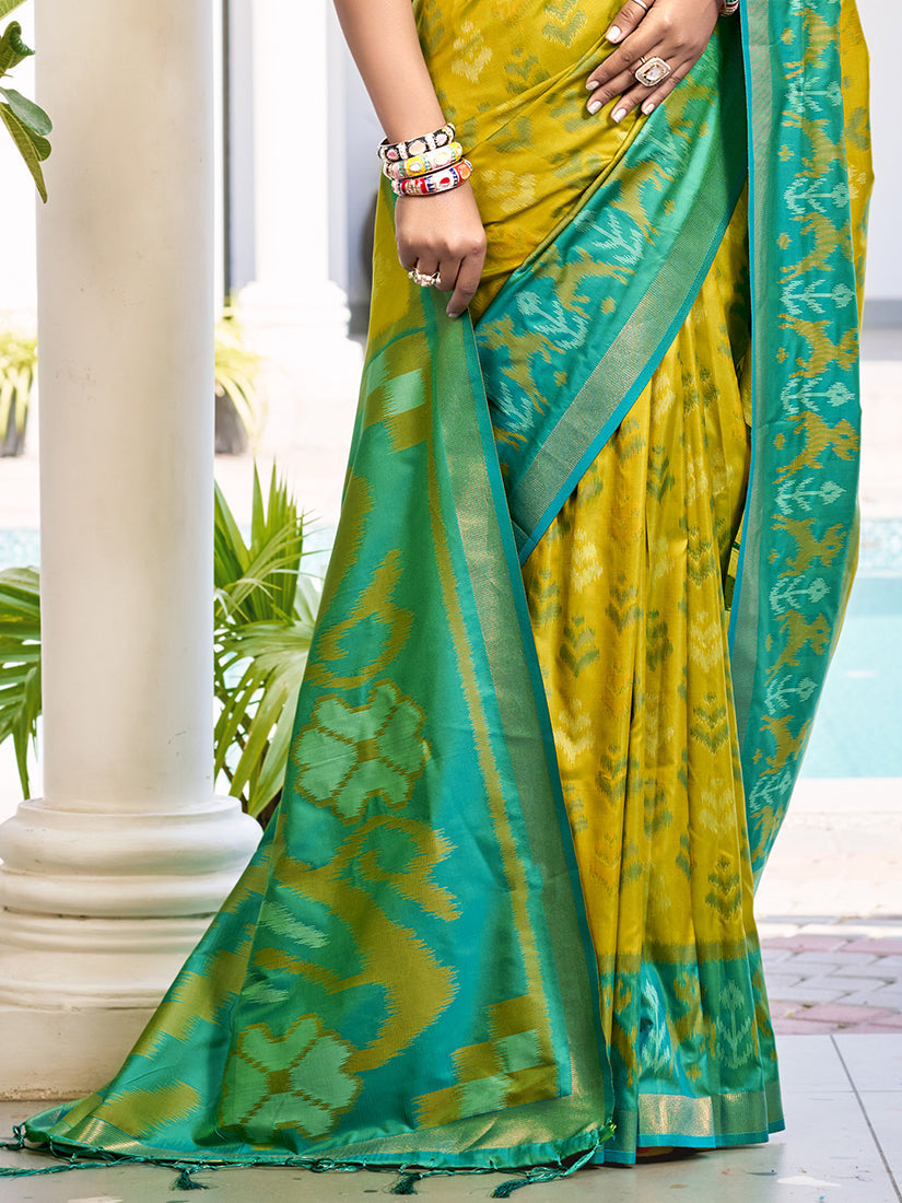 Monjolika Fashion Mustard & Sea Green Woven Pochampally Silk Blend Saree with Unstitched Blouse Piece