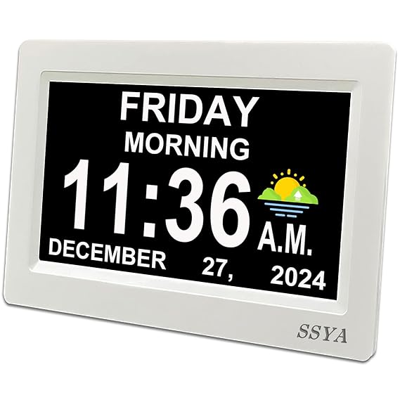 Digital Calendar Alarm Day Clock - 12 Alarm Options, Level 5 Auto Dimmable, Dementia Clocks for Vision Impaired, Elderly, Memory Loss Clock with Non-Abbreviated Clock with Date and Day (7 inch)