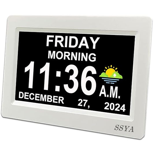Digital Calendar Alarm Day Clock - 12 Alarm Options, Level 5 Auto Dimmable, Dementia Clocks for Vision Impaired, Elderly, Memory Loss Clock with Non-Abbreviated Clock with Date and Day (7 inch)