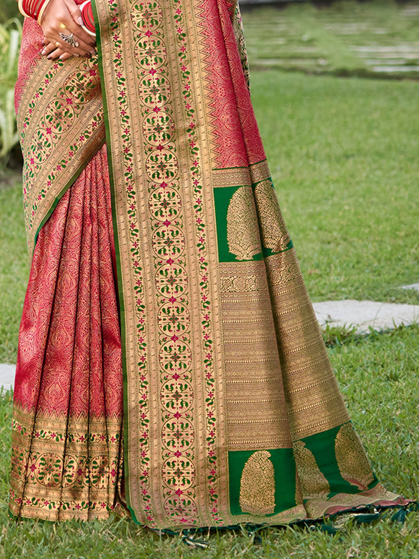 Monjolika Fashion Coral Pink Banarasi Silk Blend Woven Saree with Unstitched Blouse Piece