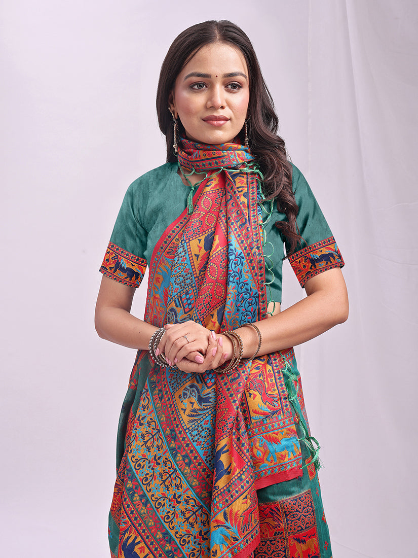 Monjolika Fashion Teal Linen Cotton Blend Saree with Multicolor Ethnic Print