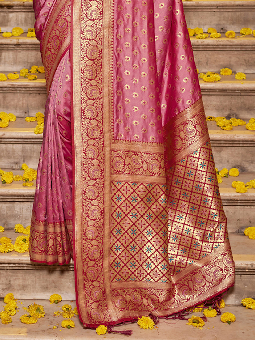 Monjolika Fashion Onion Pink Banarasi Silk Blend Saree with Magenta Zari Border