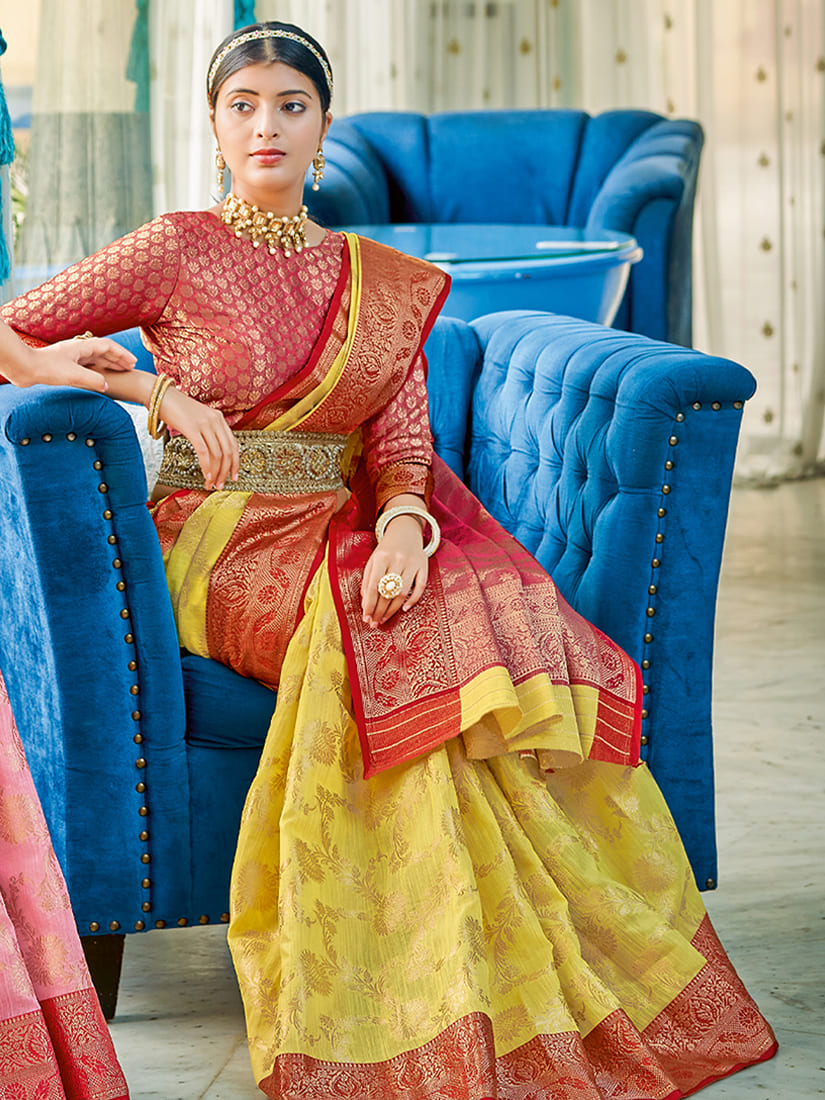 Monjolika Fashion Yellow & Red Linen Cotton Blend Saree with Rich Zari Woven Border