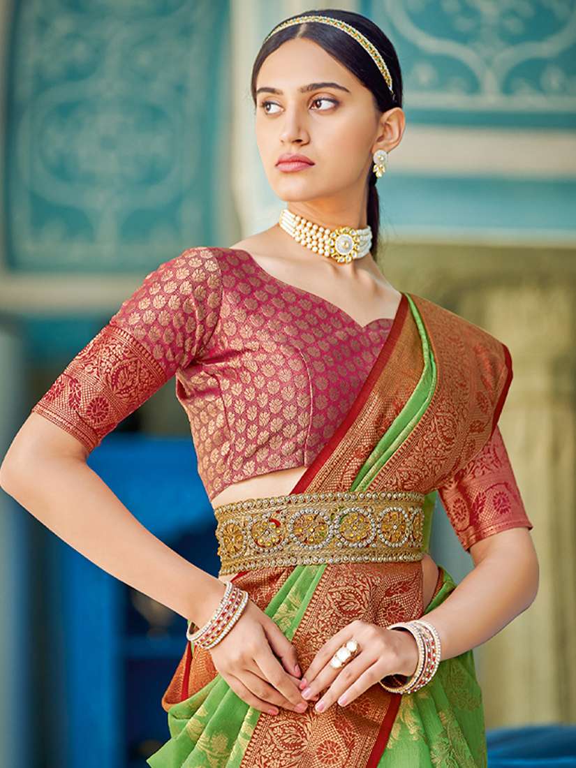 Monjolika Fashion Green & Red Linen Cotton Blend Saree with Rich Zari Woven Border
