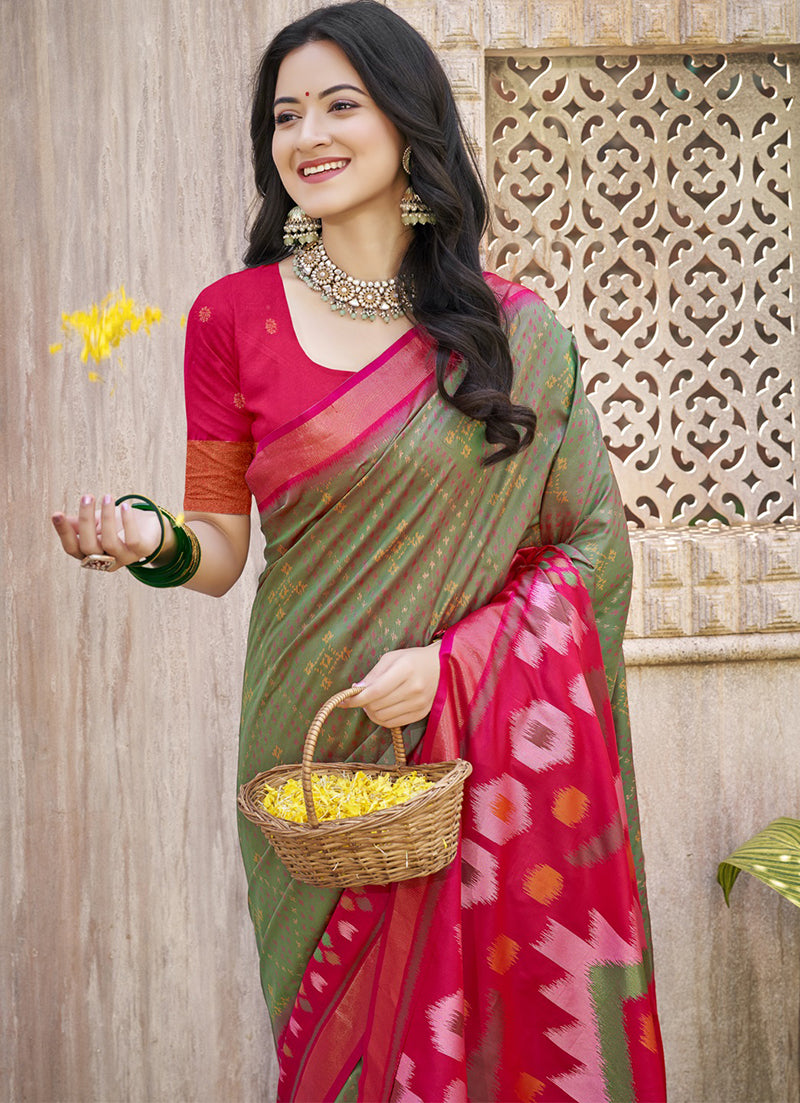 Monjolika Fashion Olive Green & Pink Silk Blend Woven Design Saree with Blouse Piece