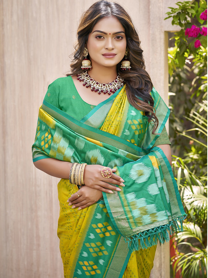 Monjolika Fashion Mustard & Green Silk Blend Woven Design Saree with Blouse Piece