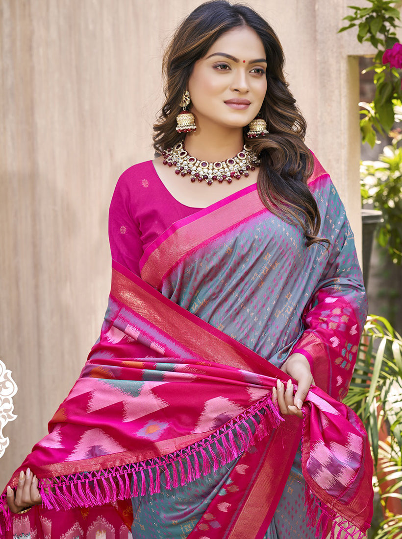 Monjolika Fashion Grey & Rani Pink Silk Blend Woven Design Saree with Blouse Piece