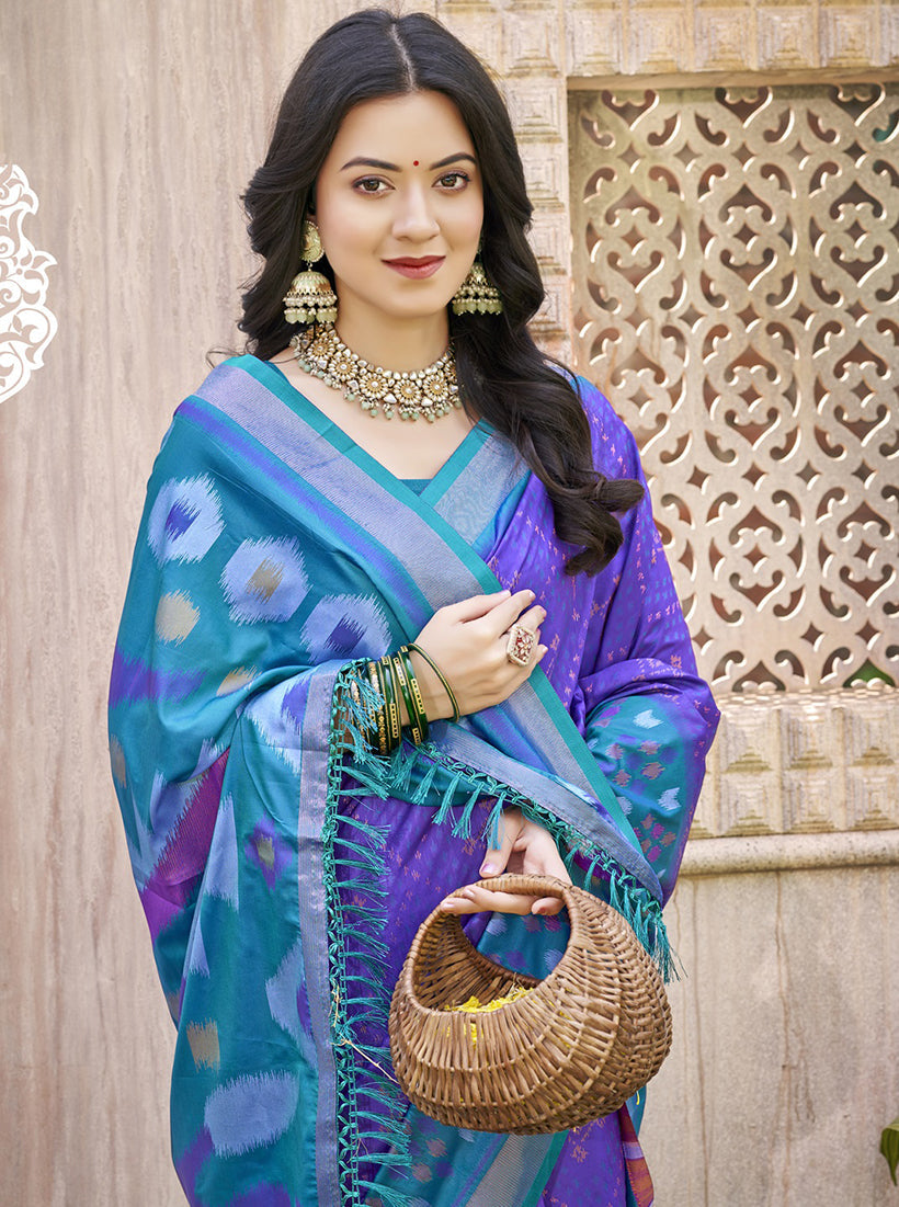 Monjolika Fashion Purple & Teal Silk Blend Woven Design Saree with Blouse Piece