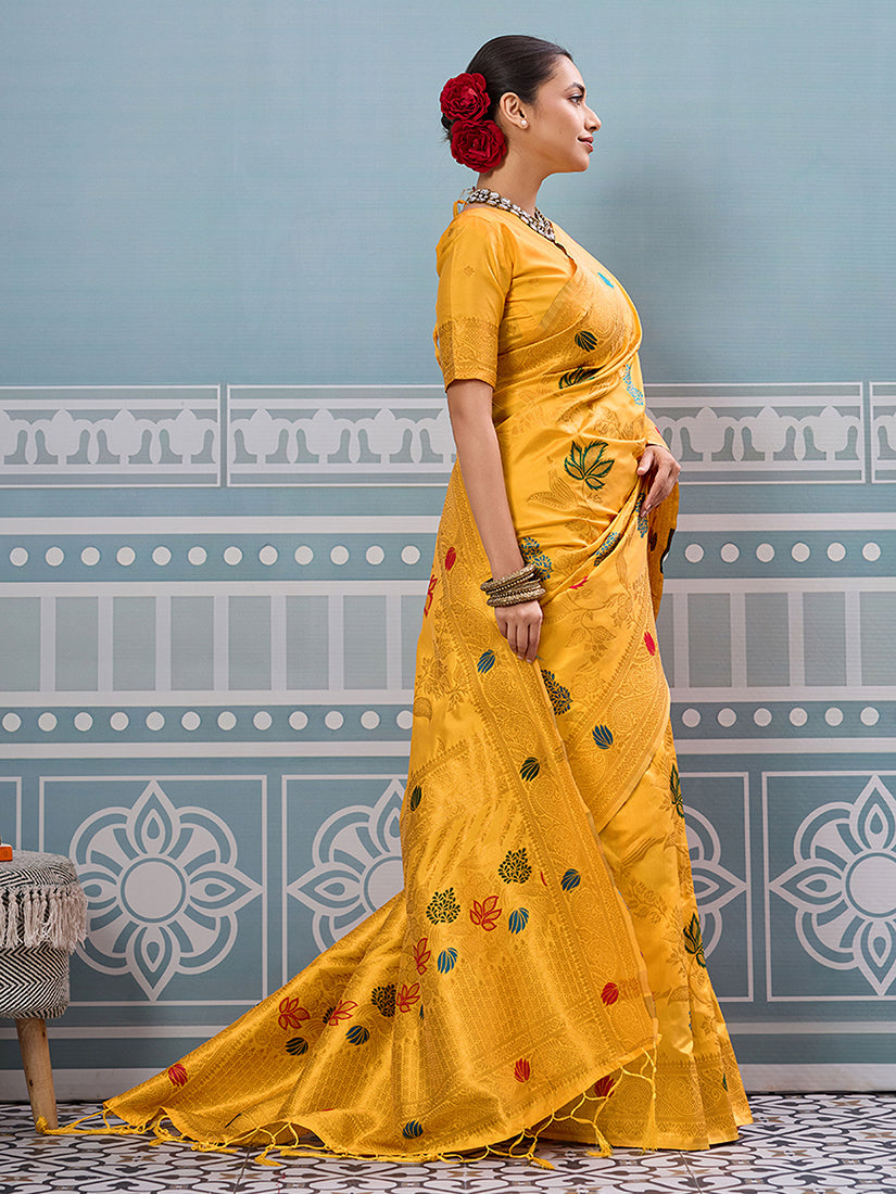 Monjolika Fashion Mustard Banarasi Silk Blend Saree with Gold Zari Floral Weaving
