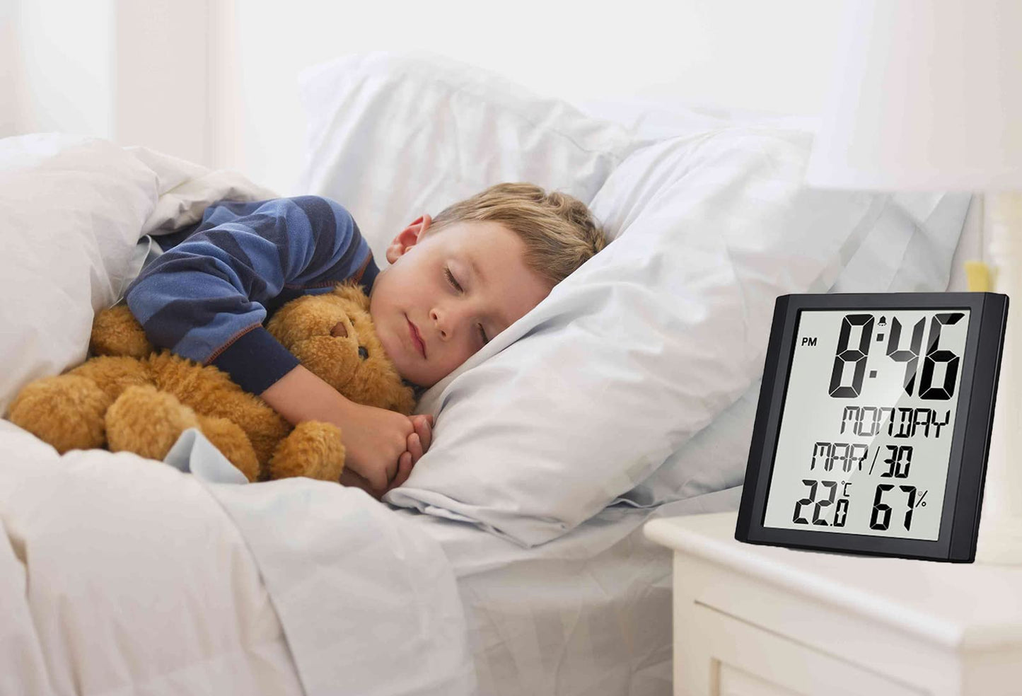Digital Wall Clock with Temperature and Humidity Display - Battery Operated, Large Screen