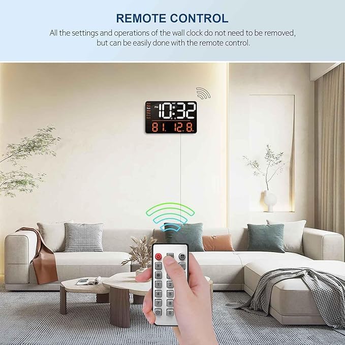 Digital Wall Clock with Remote Control, 12.6 Inch LED Display, Orange