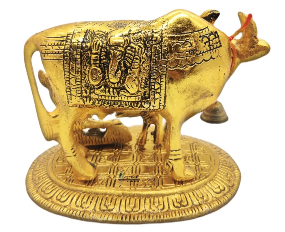 BRIJ HAAT Kamdhenu Cow and Calf Metal Showpiece for Home Decoration and Decorative Gift Item @17cm Gold