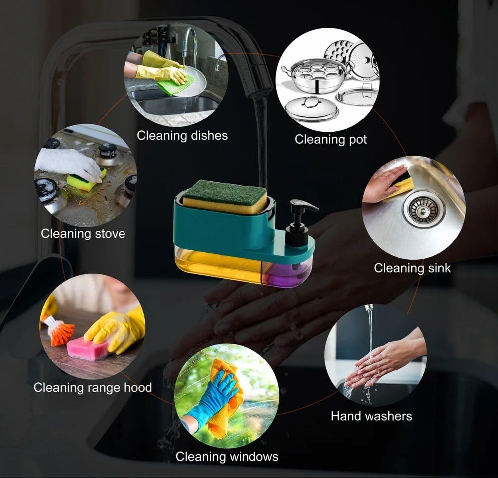 3-in-1 Soap Dispenser with Sponge Holder - Plastic - 19.5 cm x 10.25 cm x 9 cm - Multi-Color