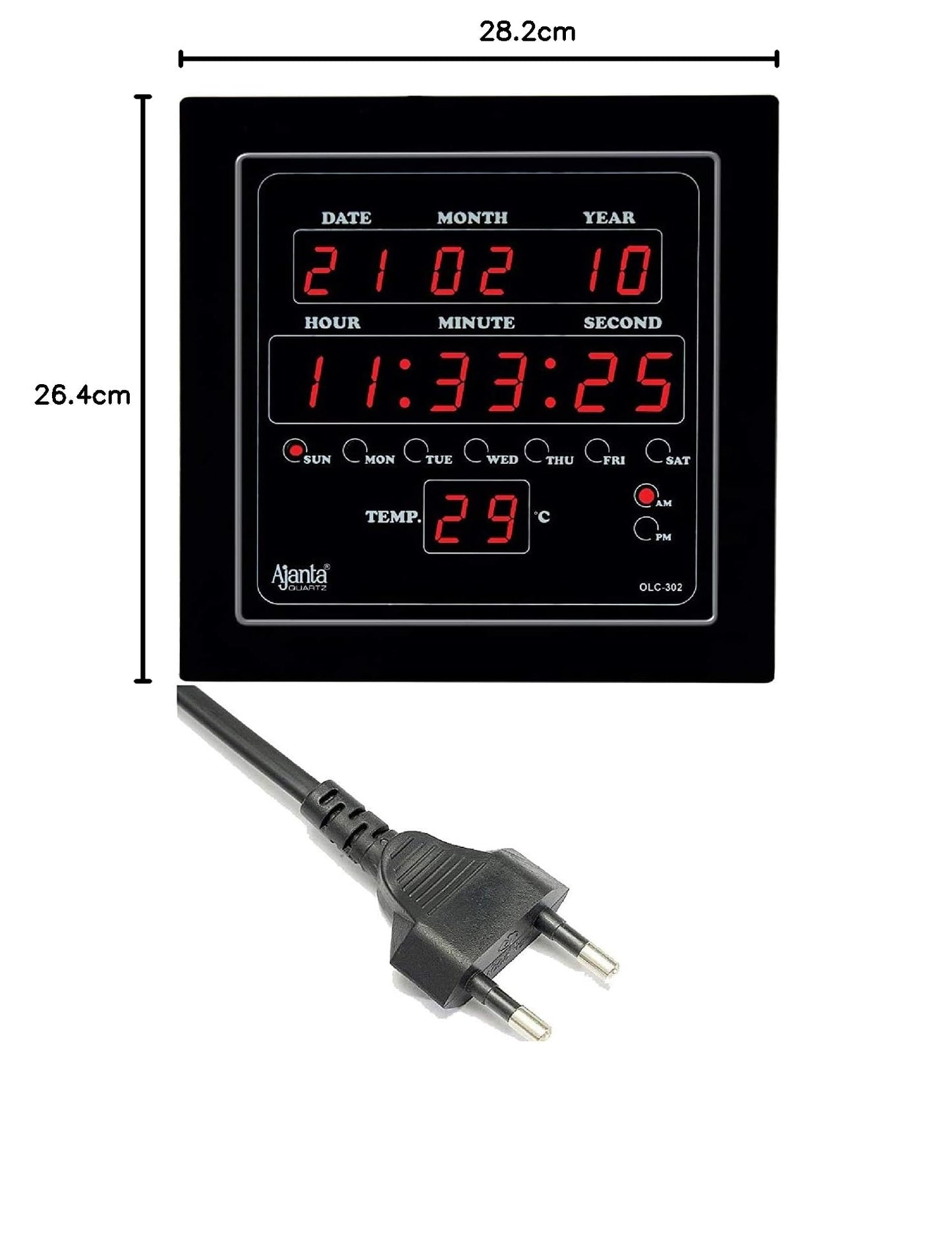 Digital Square Wall Clock with Red LED Display - Black - 25.4 cm