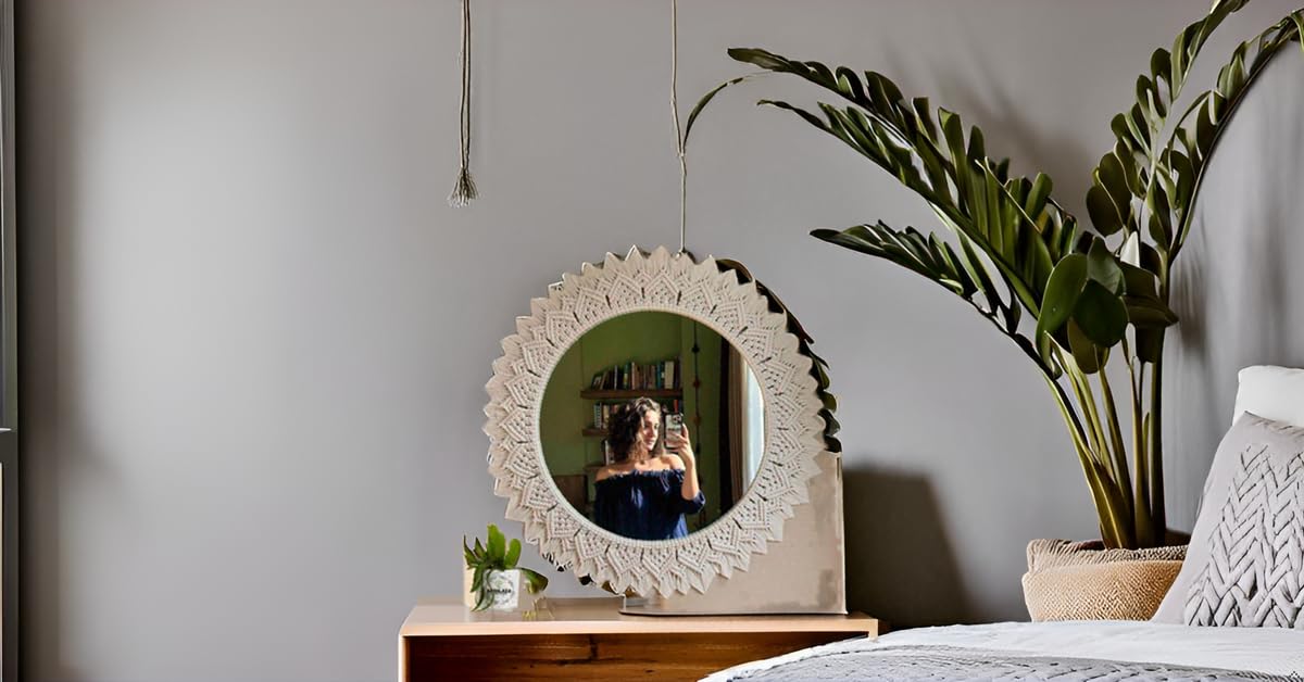 Macrame Wall Mirror Handmade Off-White 17x17 Inches with 10 Inch Glass Mirror