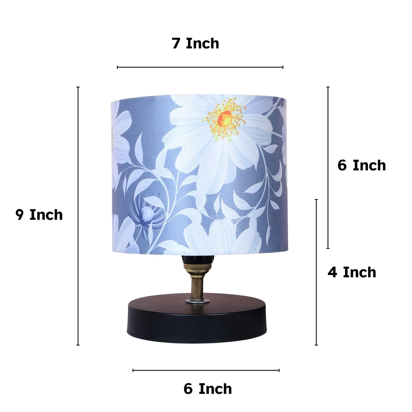 Table Lamp with Floral Print Satin Shade - Black Metal Base - 9" Height
