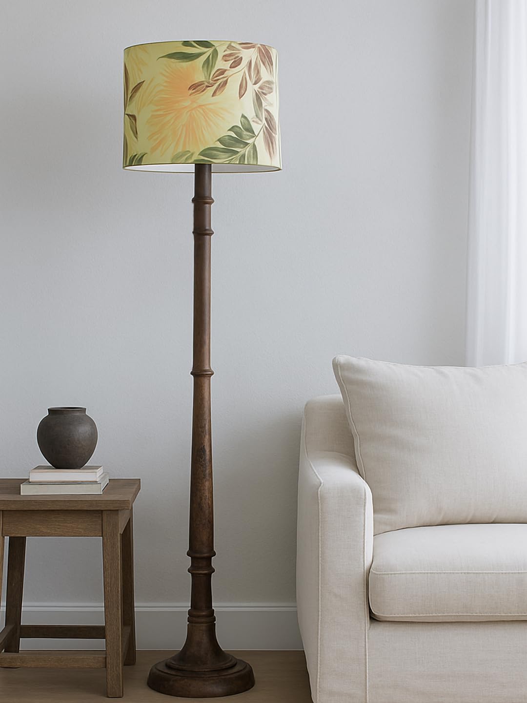 Floor Lamp with Multicolor Fabric Shade, Rustic Walnut Brown Wood, 138 cm Tall