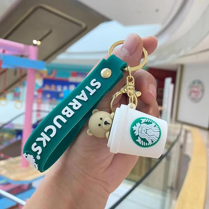 Star Bucks Bear in White Mug Premuim Keychain | Silicone Lanyard | Keychain |