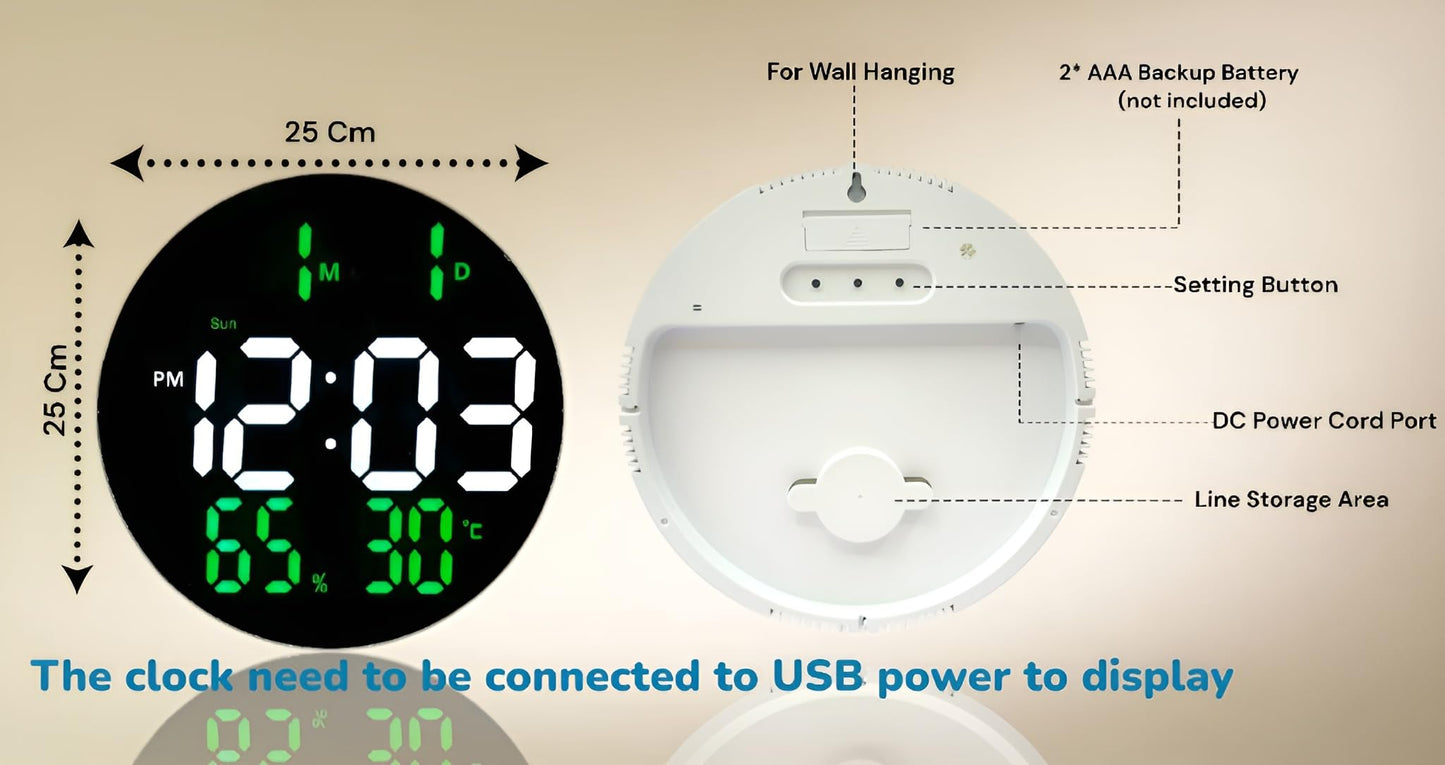 Digital Wall Clock with Remote Control 10 Inch Green LED Display