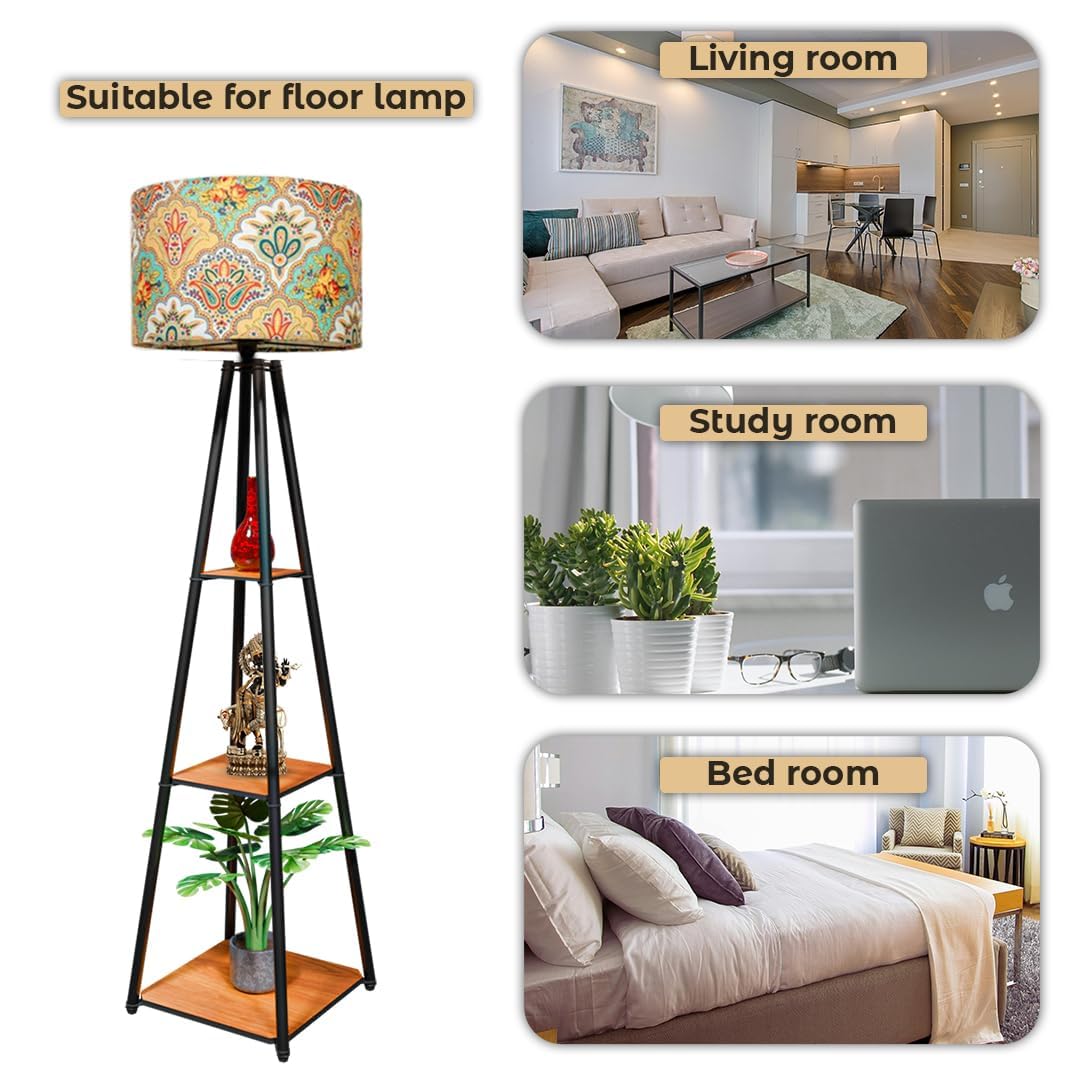 Modern Minimalist Floor Lamp with 3 Shelves - Black Metal, Beige Linen Shade, 9W LED Bulb Included