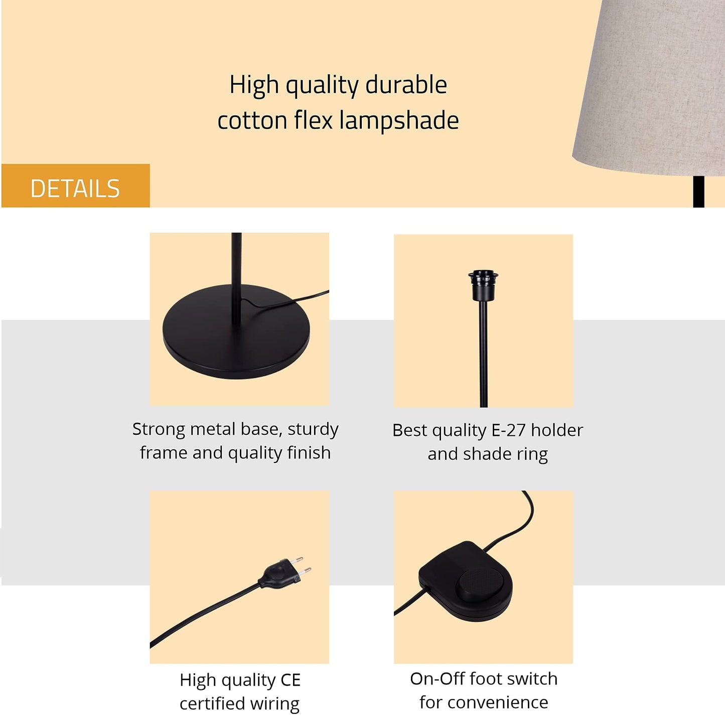 Floor Lamp Modern Black Metal 5Ft Height Off White Shade 16 Inches