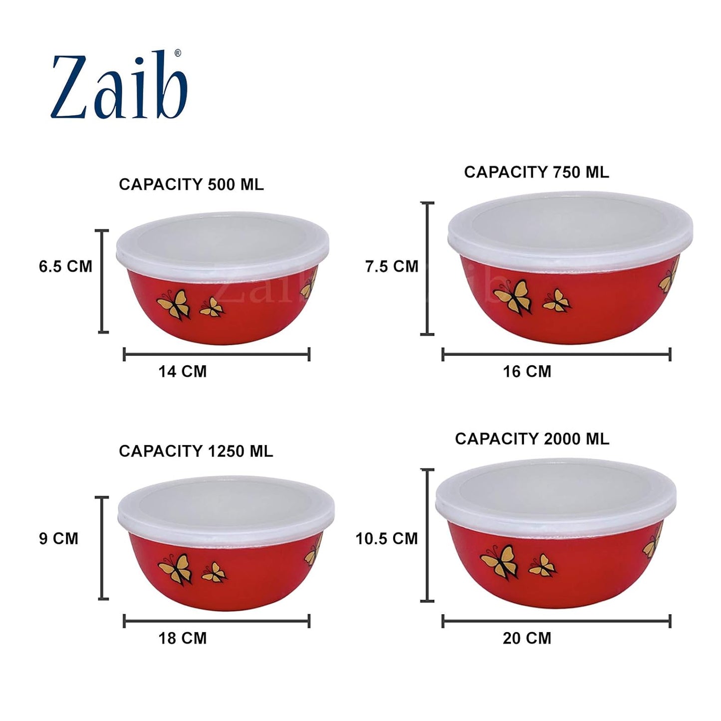 Zaib Microwave Safe Stainless Steel Food Storage Container with Lid|500ml, 800ml, 1250ml, 2000 ml | Reheatable (4 Red Butterfly)