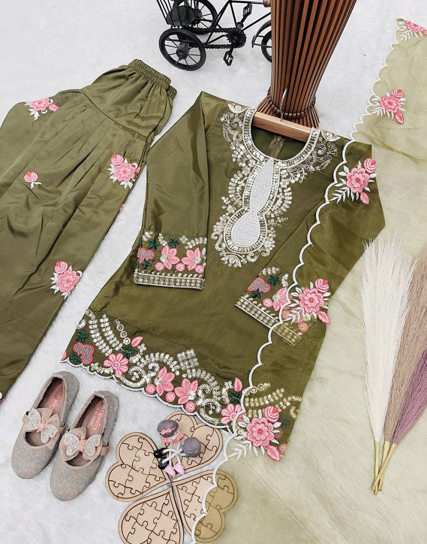 Evanik Green Designer Party Wear Heavy Natural Crepe Kids Patiala Set