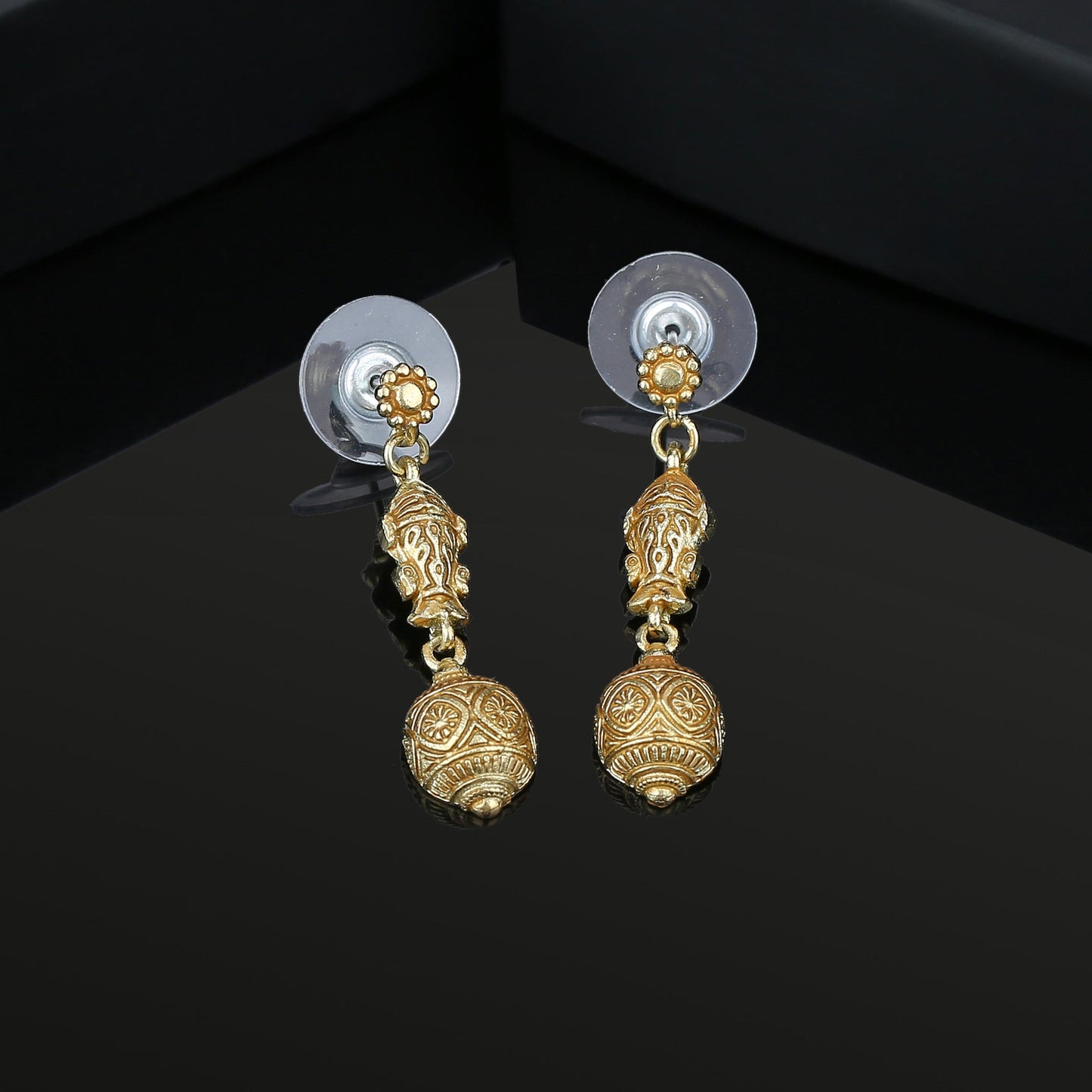 Gold Plated Antique Matsya Bead Dangle Earrings