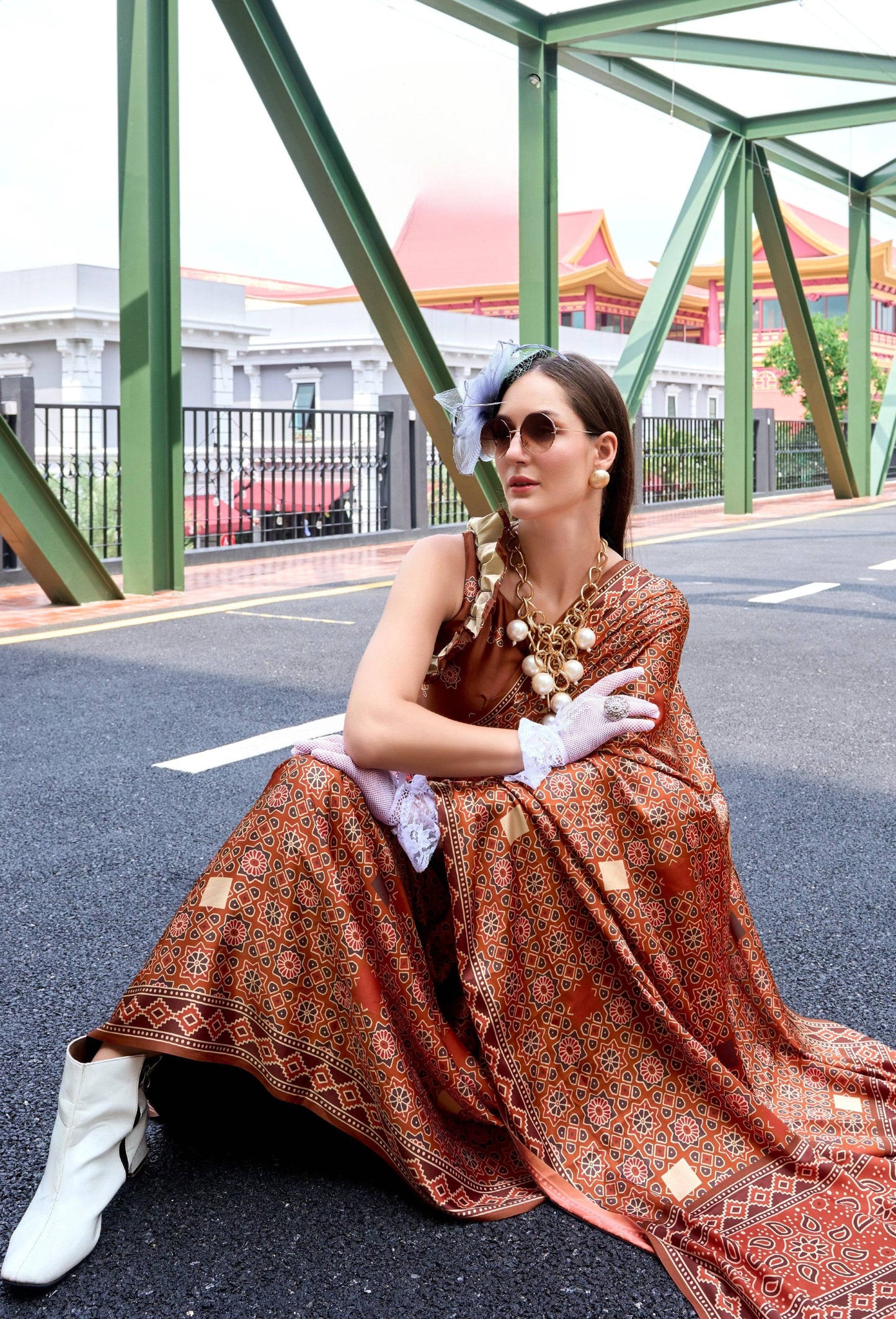 Anaita Brown Ajrakh Printed Pure Satin Silk Saree With Blouse