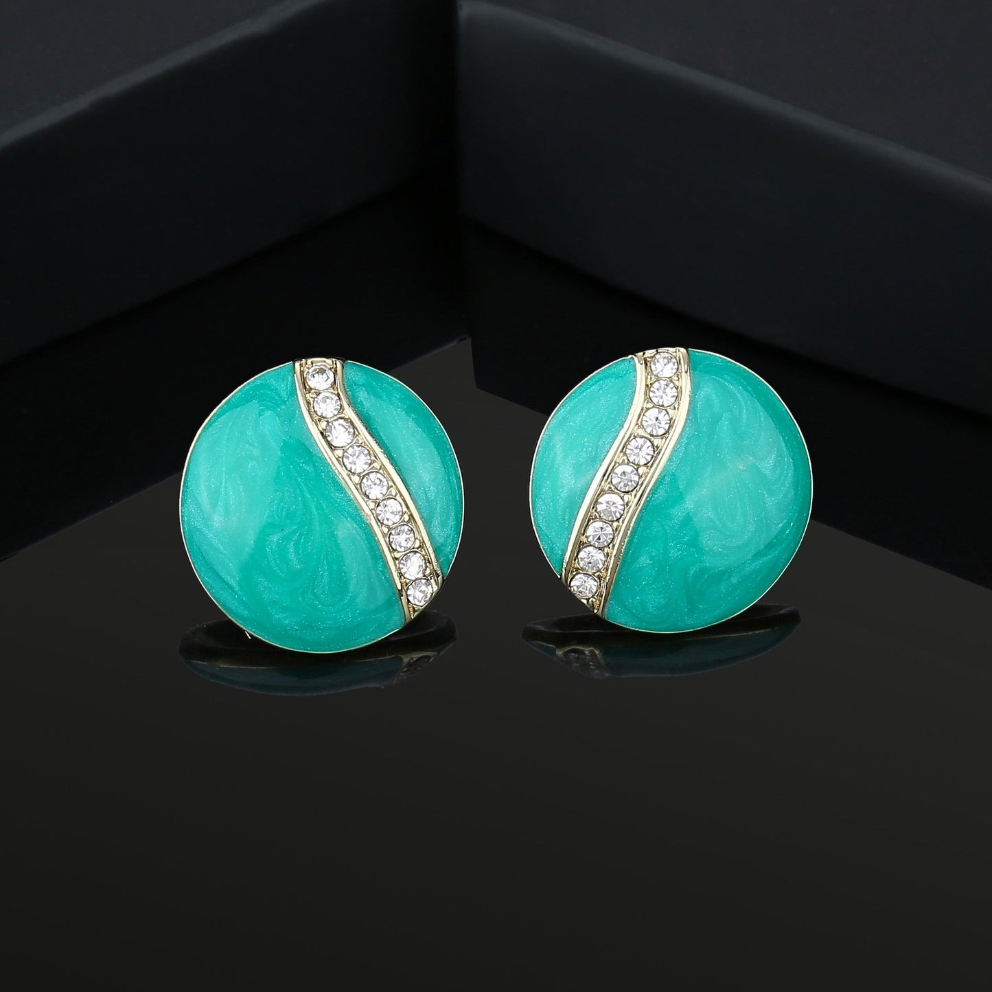 Estele Gold plated Mosaic Studs with white stones and Green Enamel for women