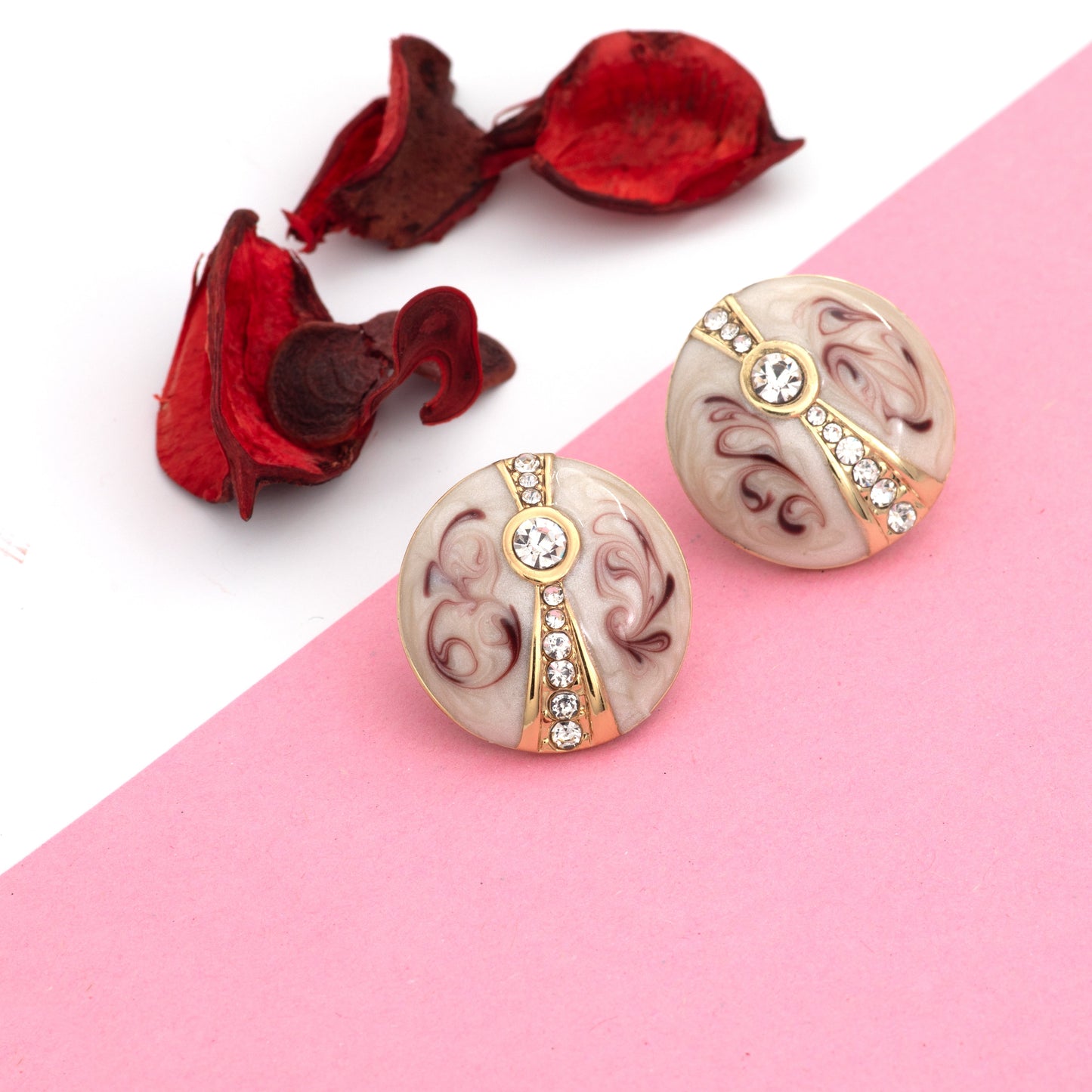 Estele Gold Plated Brass Stud with Grey Colour Enamel and White Crystal Stone Earrings for Women
