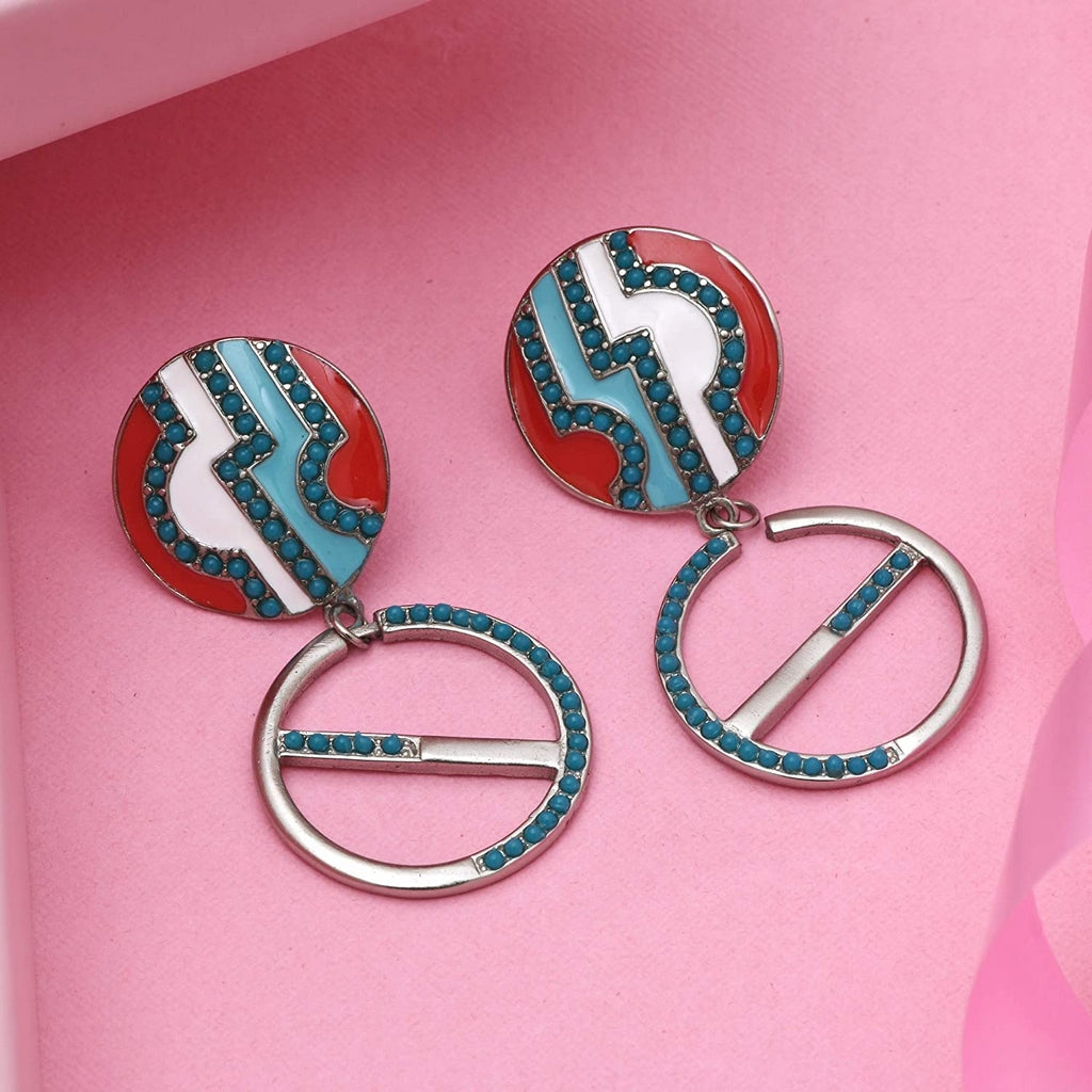 Estele Rhodium plated Circle shape Mosaic print Dangle partywear Earrings for women