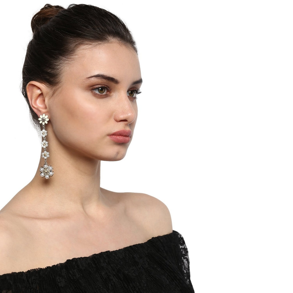 Estele Rhodium Plated Flower-Dew Dangle Earrings Adorned with Pearls for Women Elegant & Timeless Design