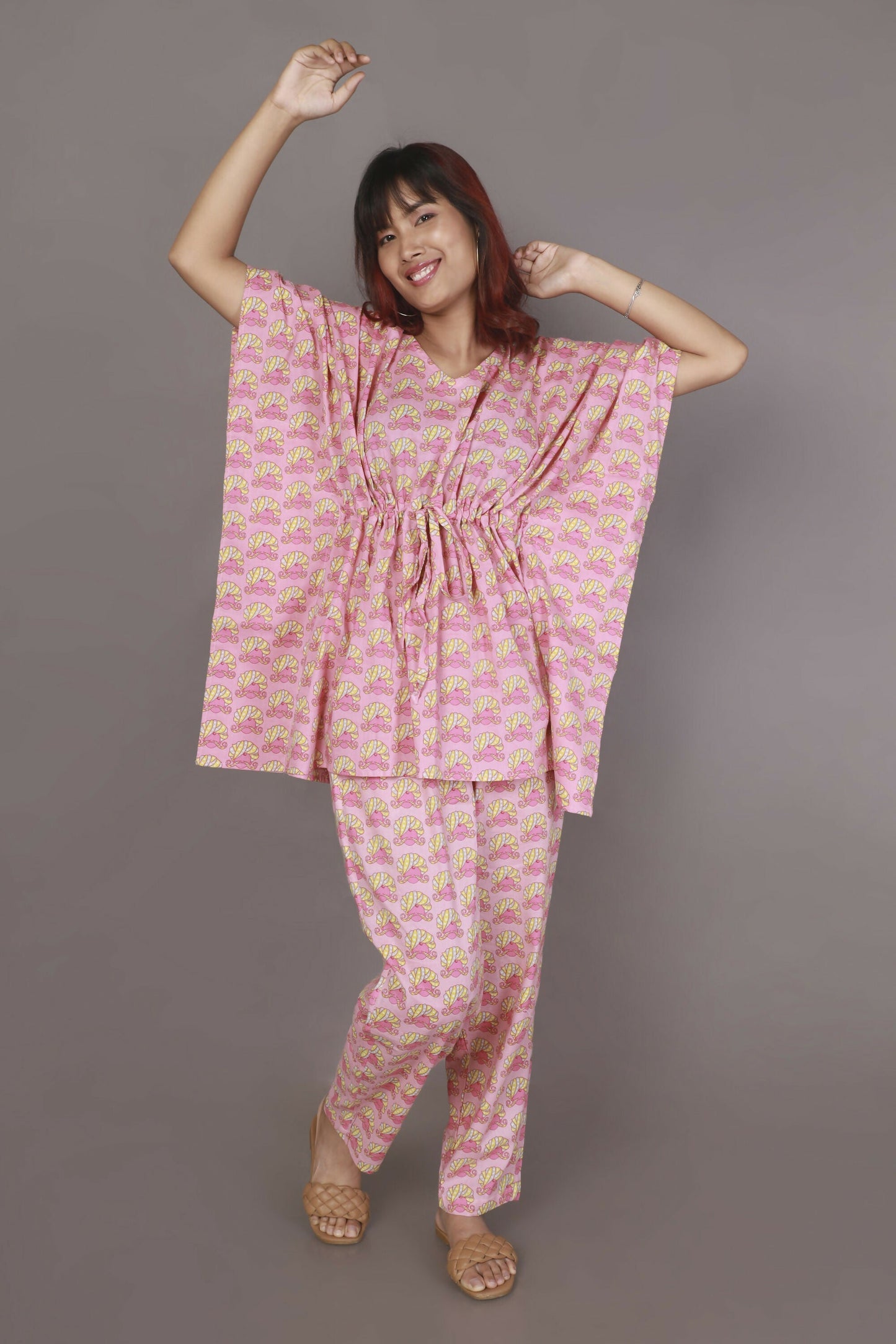 Breathables WomenS Loungewear Kaftan Co-Ord Set Cotton V-Neck In Quirky Pink Print
