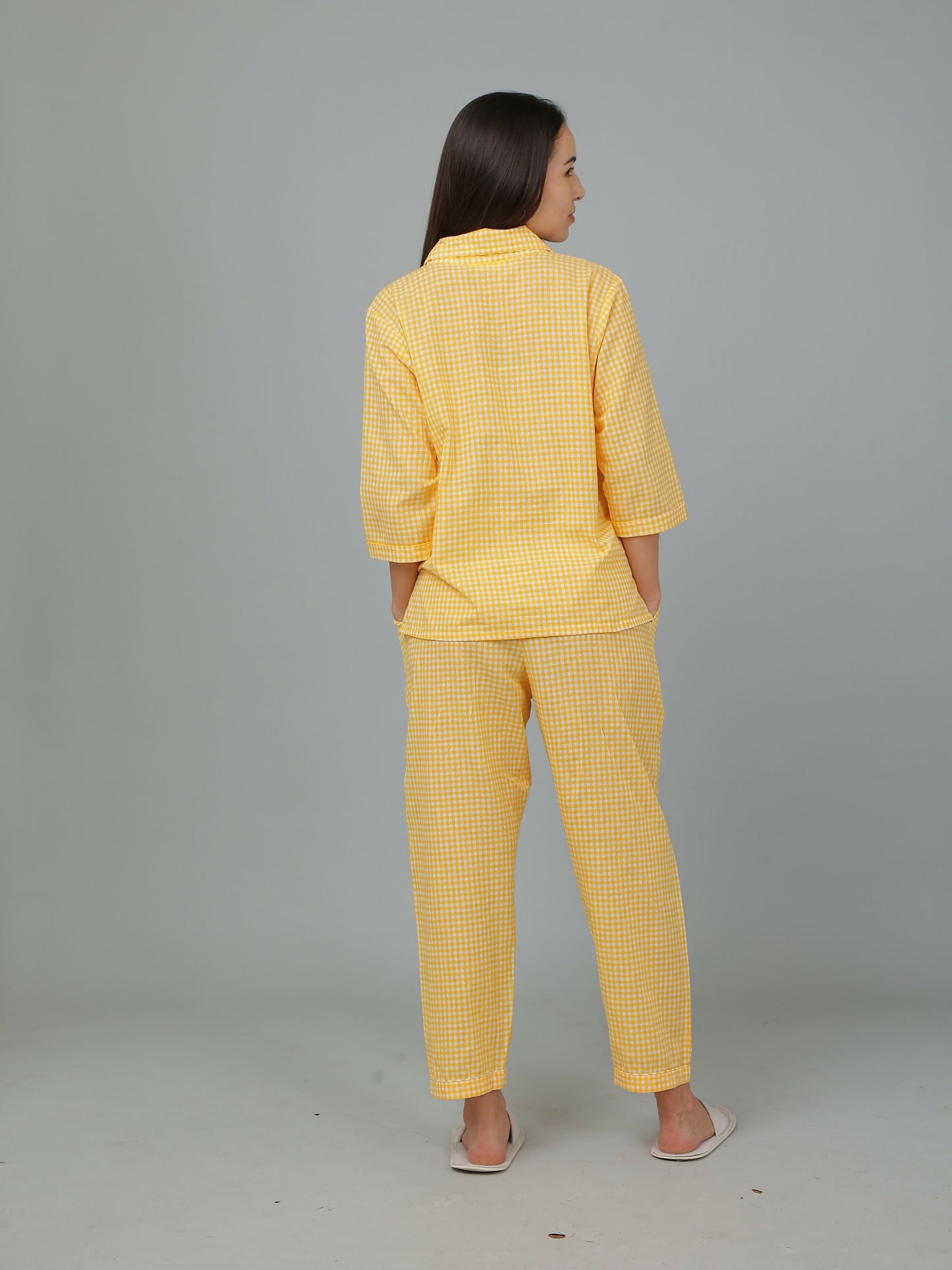 Breathables Women Cotton Checks Night Suit Shirt And Pants Co-Ord Set I Night Wear-Yellow