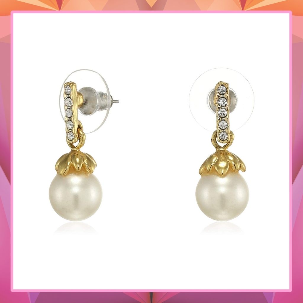 Estele 24Kt Gold and Silver plated Pearl drop Earrings with Austrian Crystal for Women