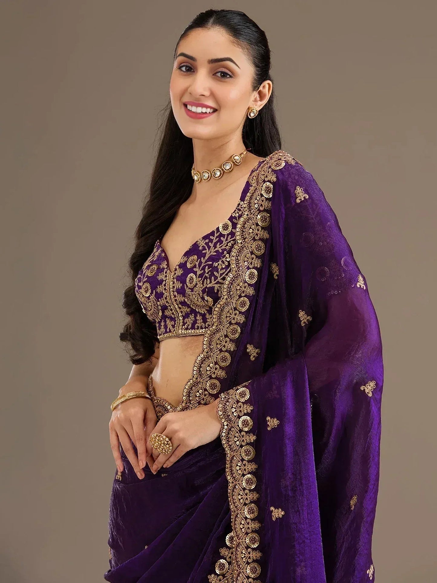 Tulsi Art Beautiful Purple Zari Embroidered Silk Party Wear Saree With Blouse
