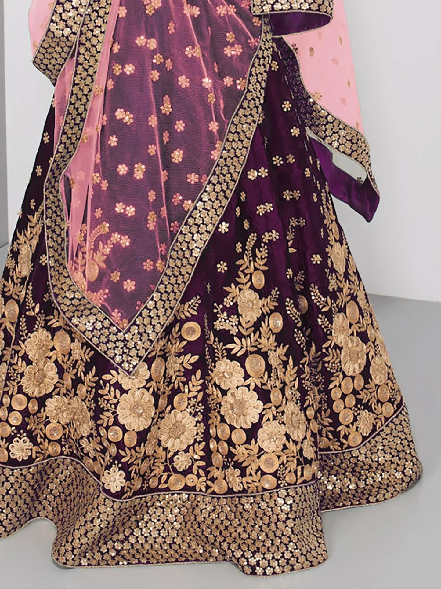 Tulsi Art Purple Embroidered Velvet Wedding Lehenga Choli With Dupatta