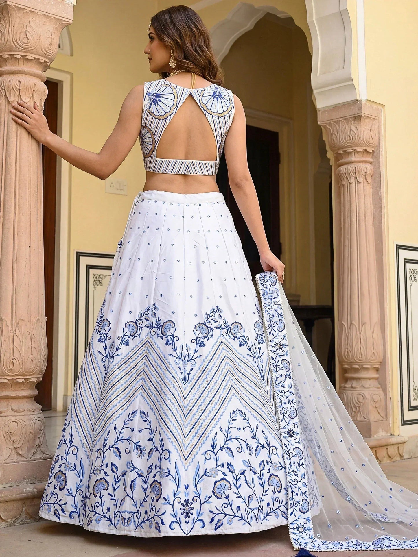 Tulsi Art Awesome White Embroidered Satin Sangeet Wear Lehenga Choli