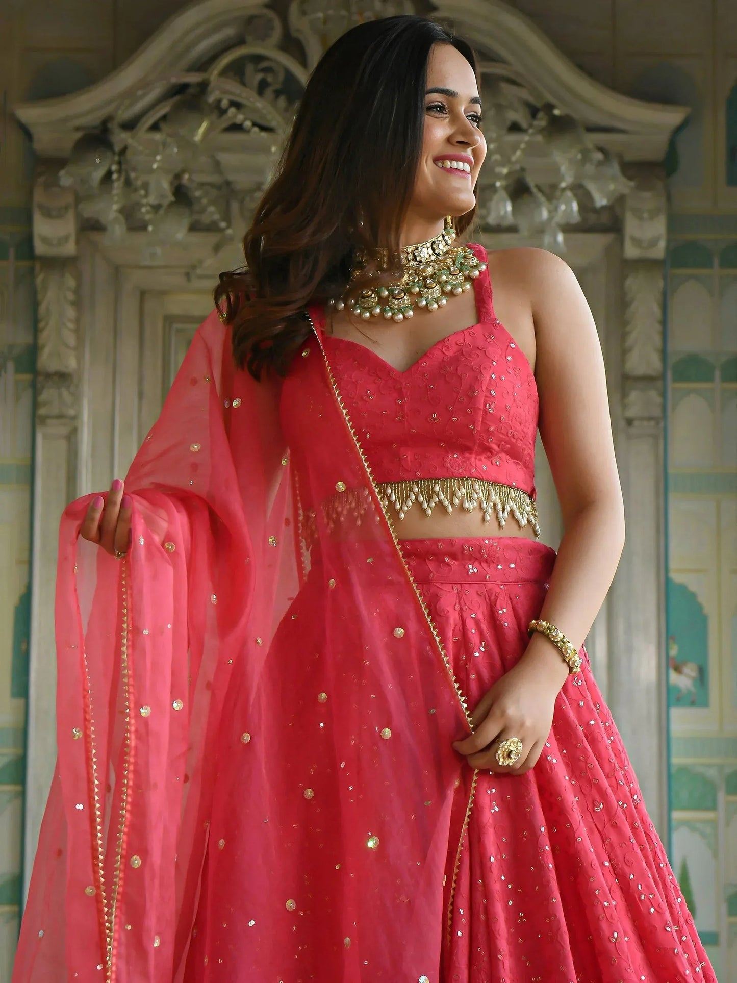 Tulsi Art Lovely Pink Sequins Embroidered Georgette Wedding Wear Lehenga Choli
