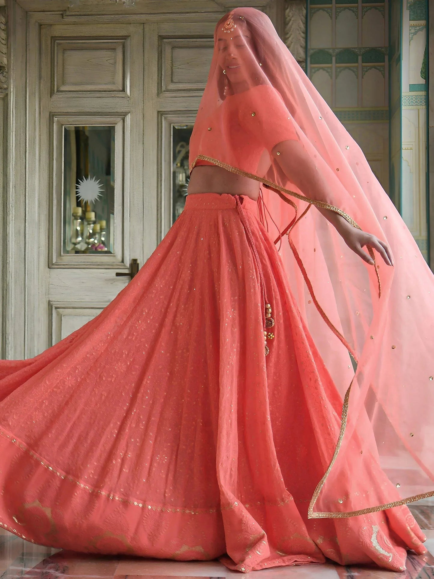 Tulsi Art Amazing Peach Thread Embroidered Monochrome Bridesmaid Lehenga Choli