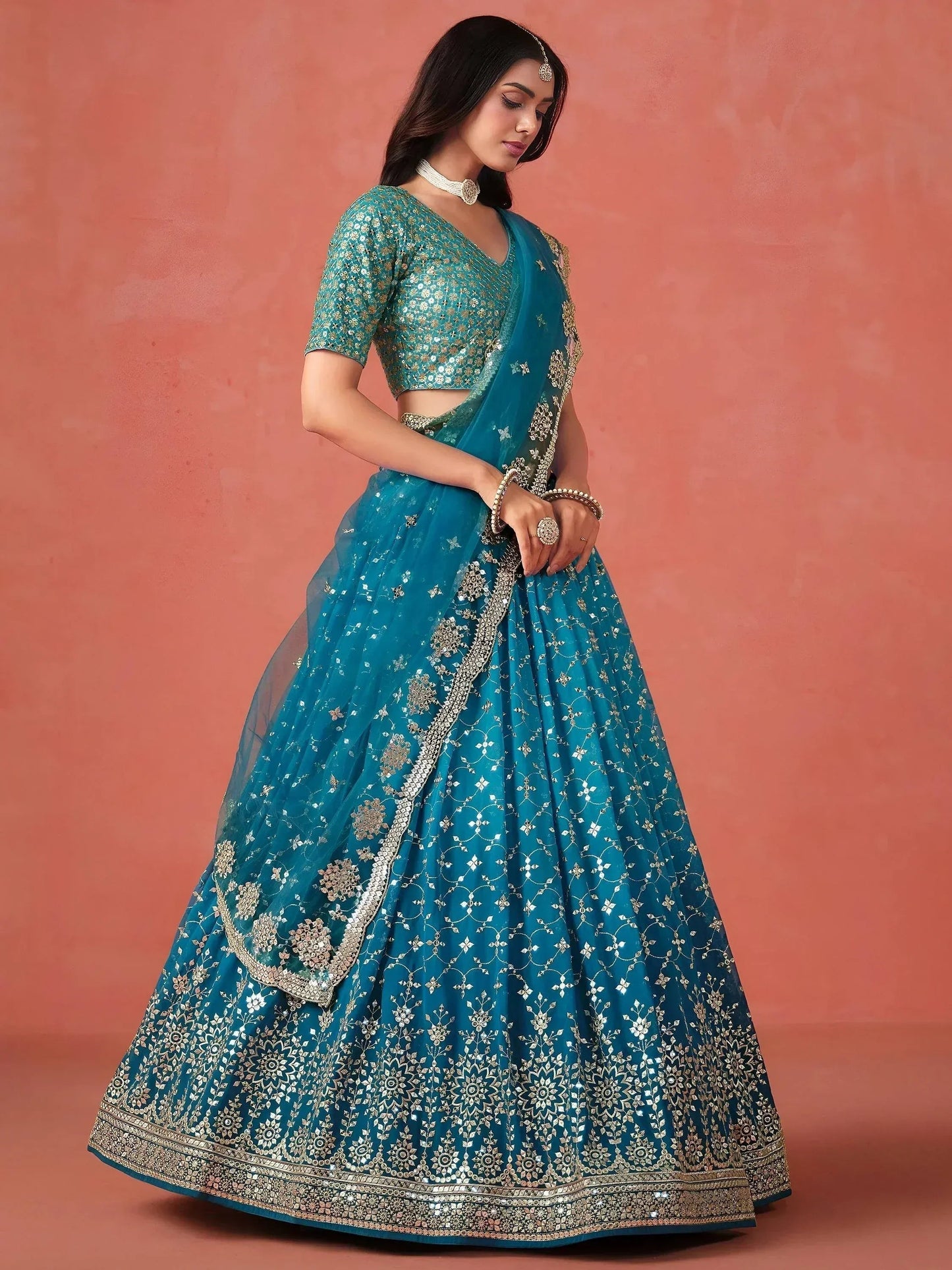 Tulsi Art Adorable Teal Blue Georgette Zari Embroidered Lehenga Choli