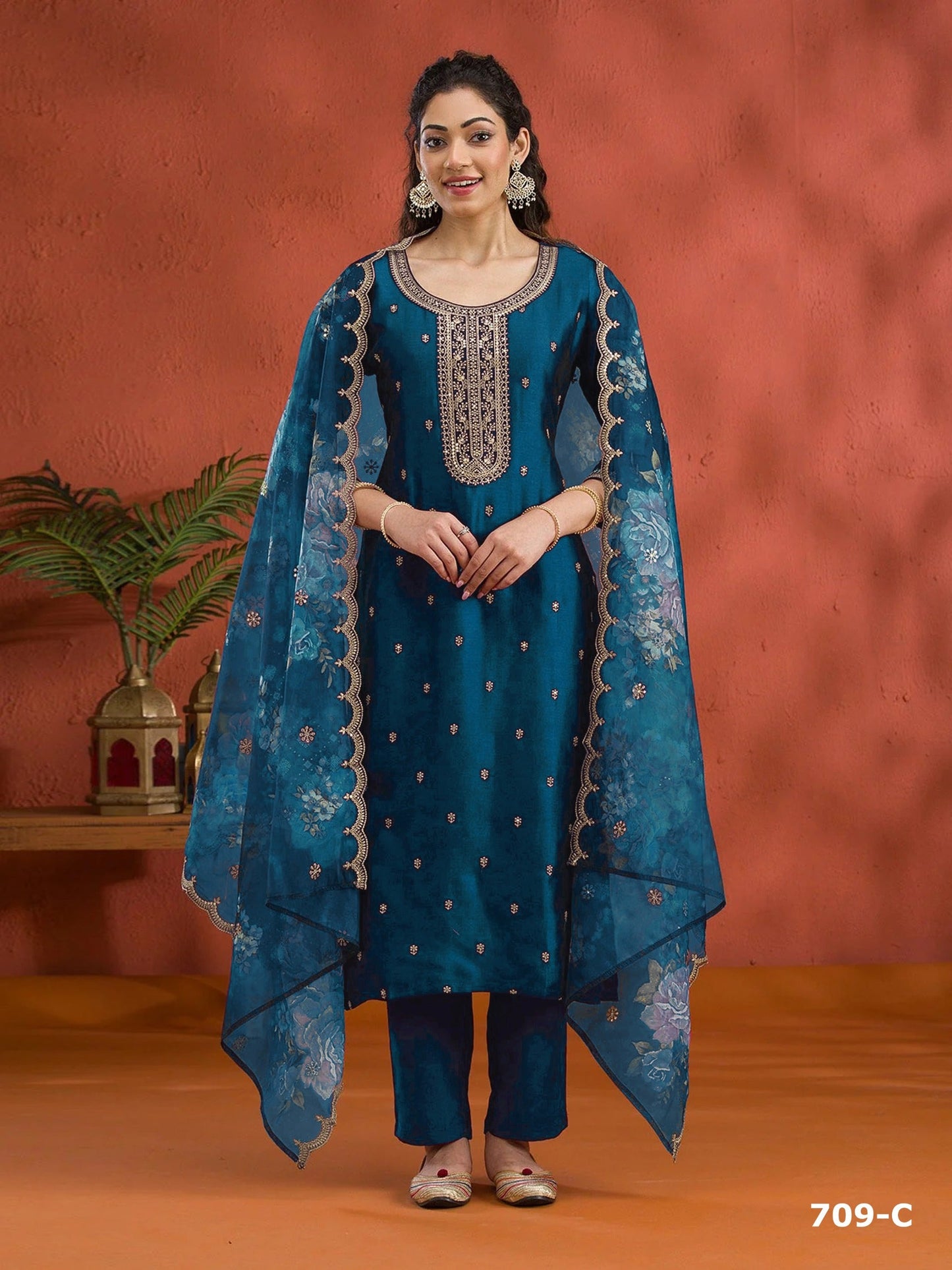 Anaita Teal Blue Silk Embroidered Viscose Thread Zari Work Salwar Suit