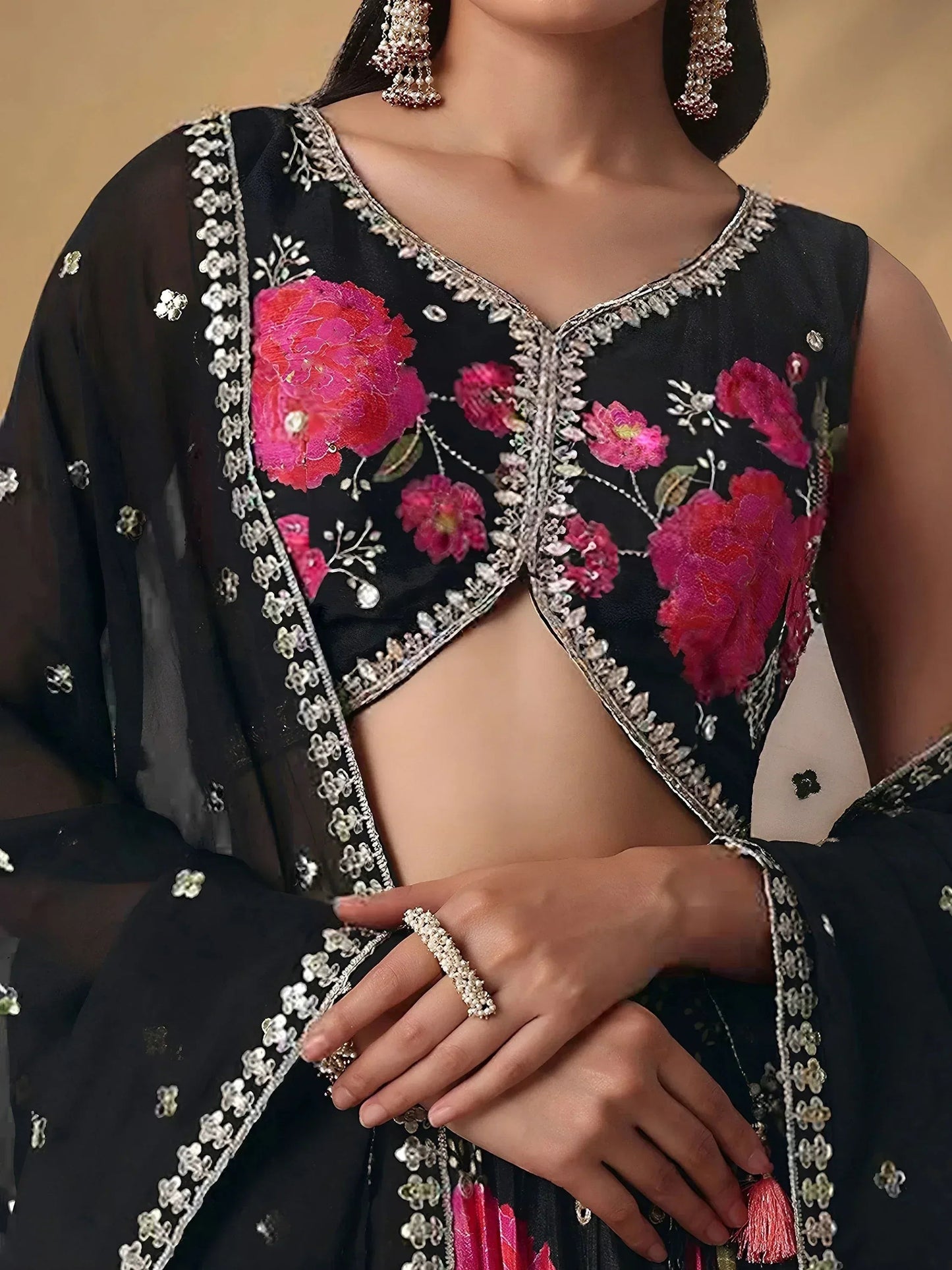 Tulsi Art Pretty Black Chinon Floral Printed Lehenga Choli