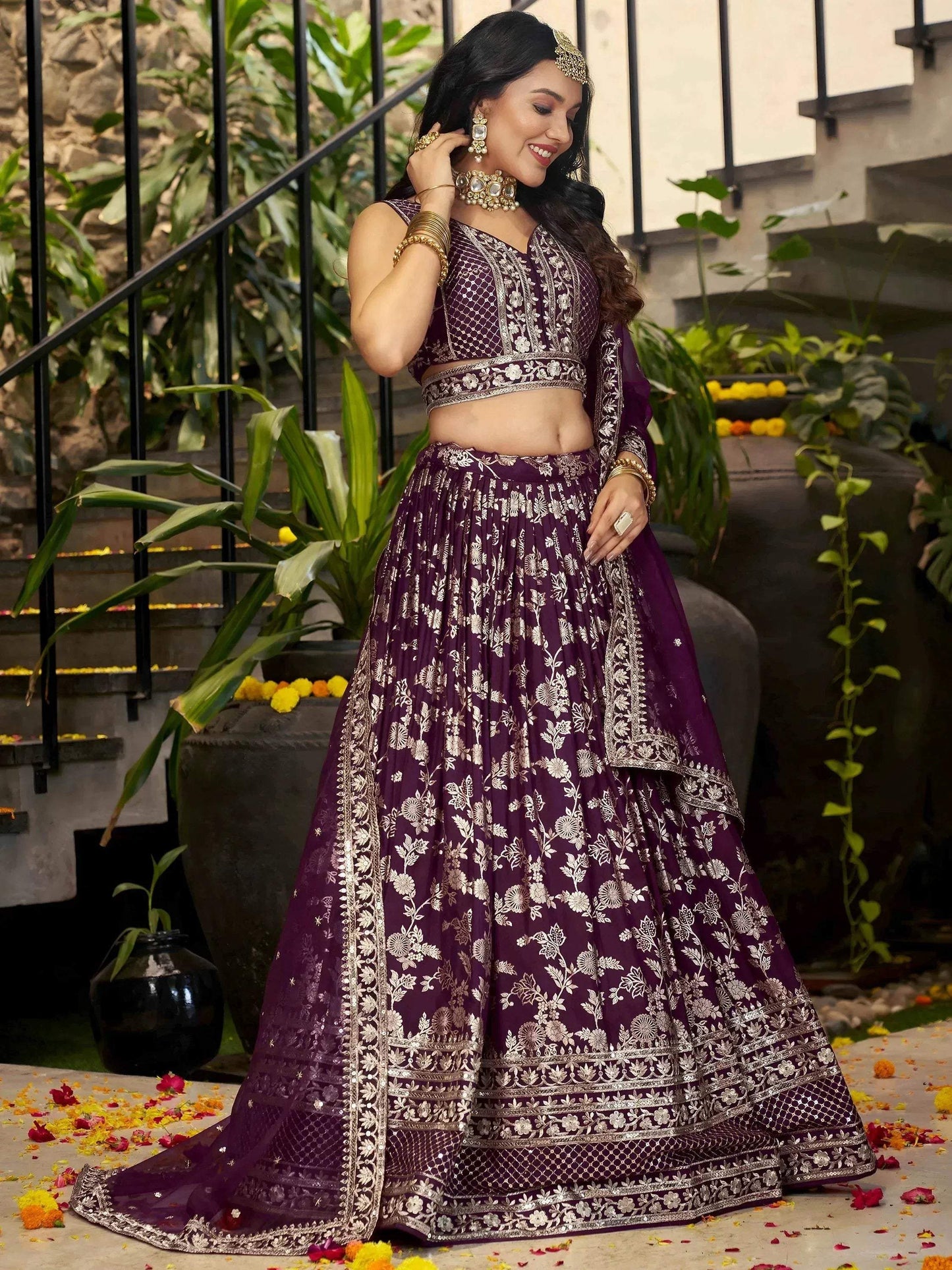 Tulsi Art Attractive Wine Silk Embroidered Bridesmaids Lehenga Choli