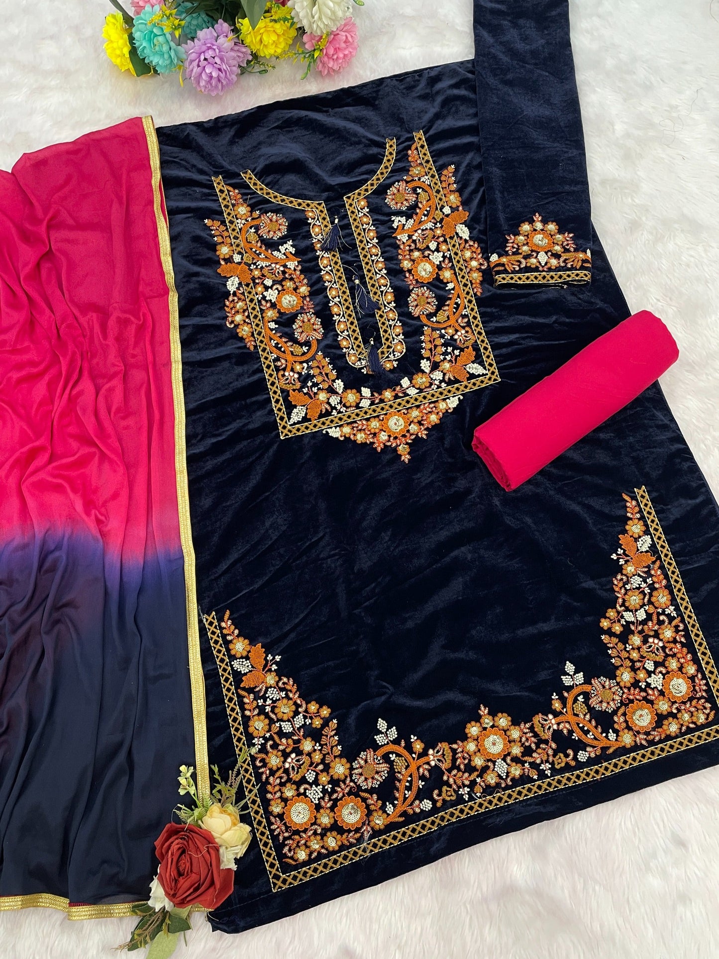 Anaita Black-Red Embroidery Sequence & Thread Work Velvet Salwar Suit