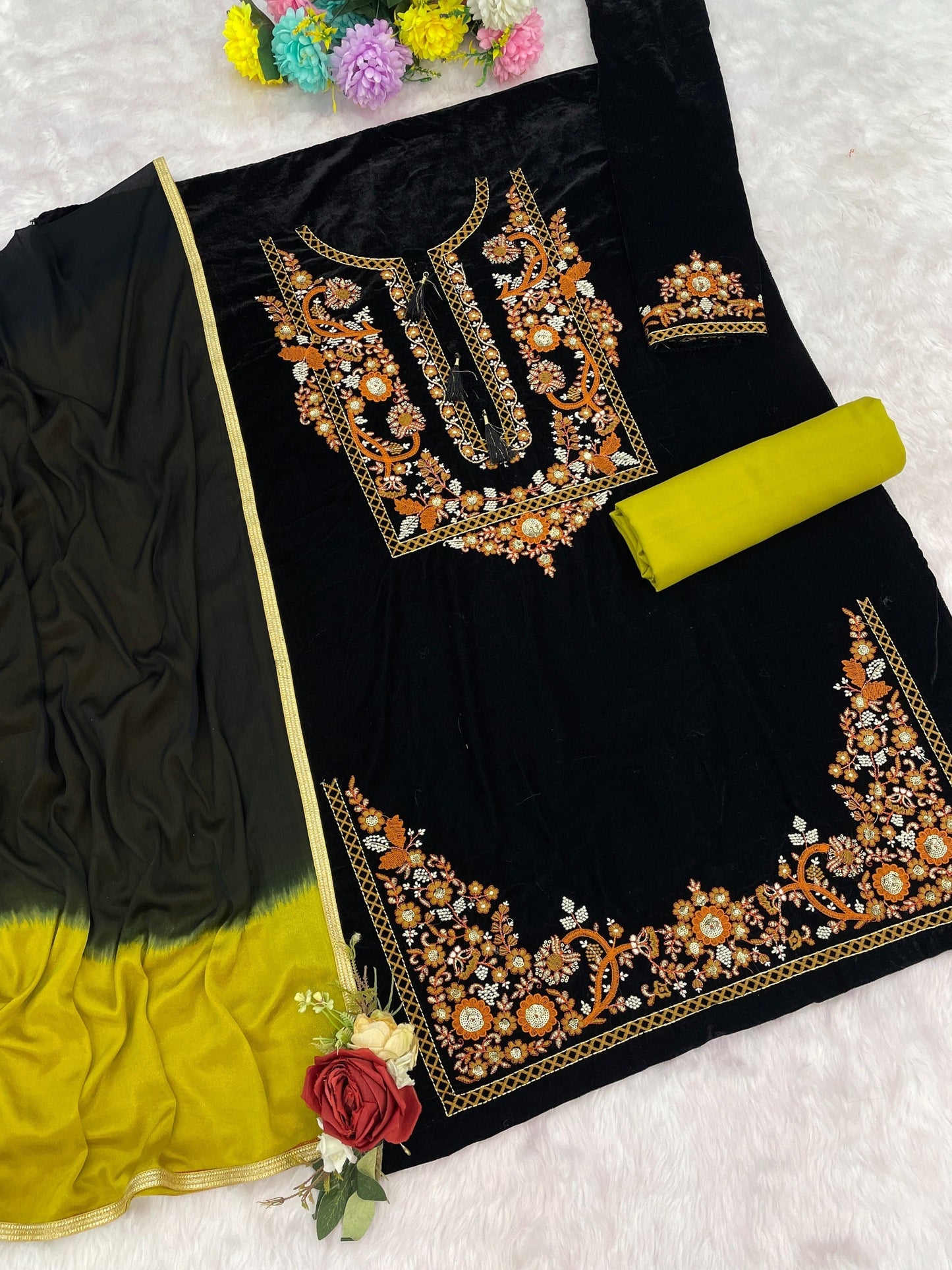 Anaita Mustard-Black Embroidery Sequence & Thread Work Velvet Salwar Suit