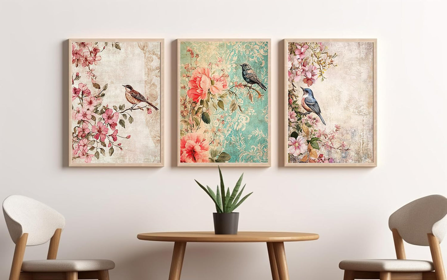 Wall Painting Set of 3 - Modern Bird Art - Beige Frame - 14x18 Inches - Acrylic Protection
