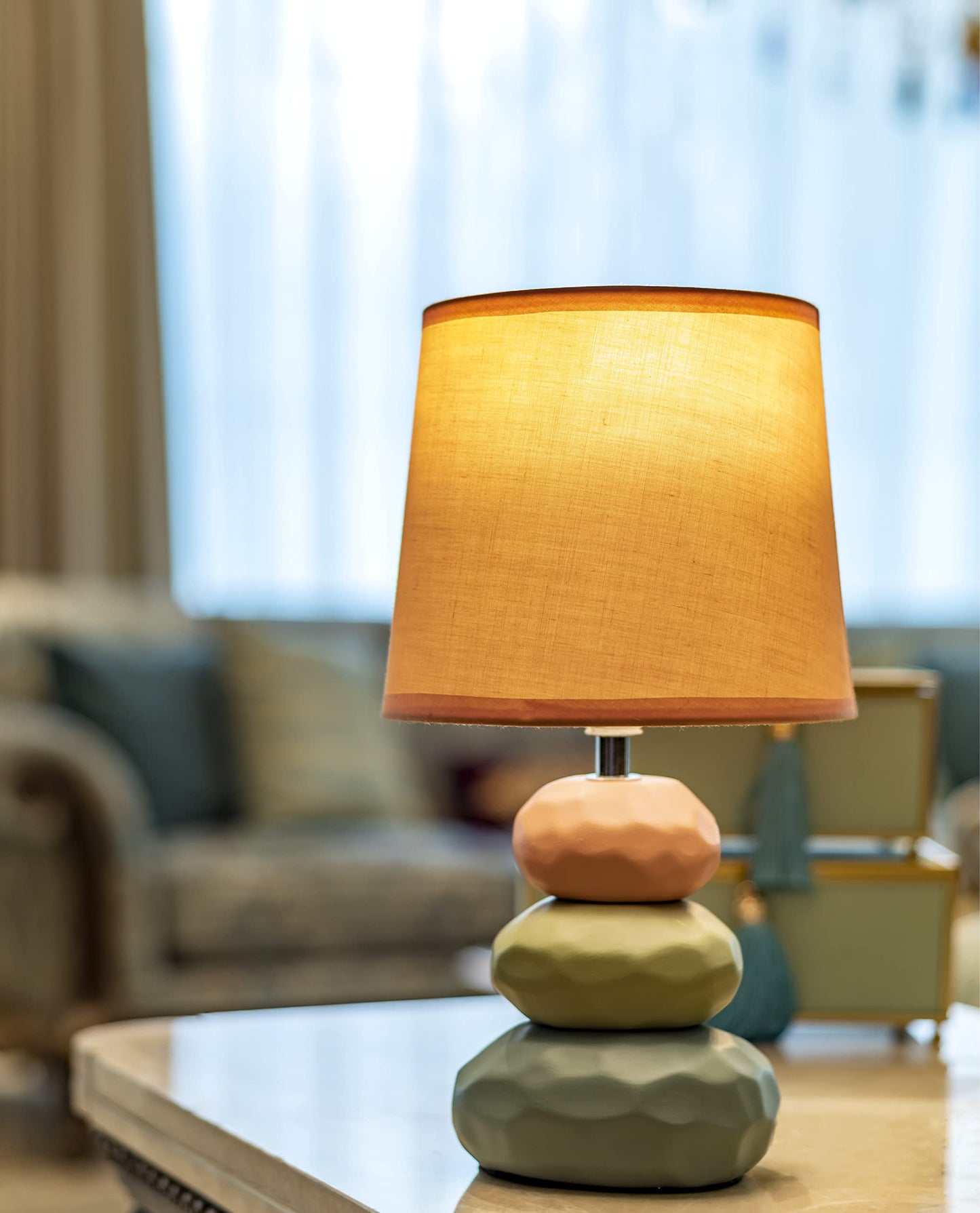 Modern Decorative Table Lamp with Ceramic Base and Fabric Shade - 17 cm x 16.5 cm x 30 cm - Warm White LED