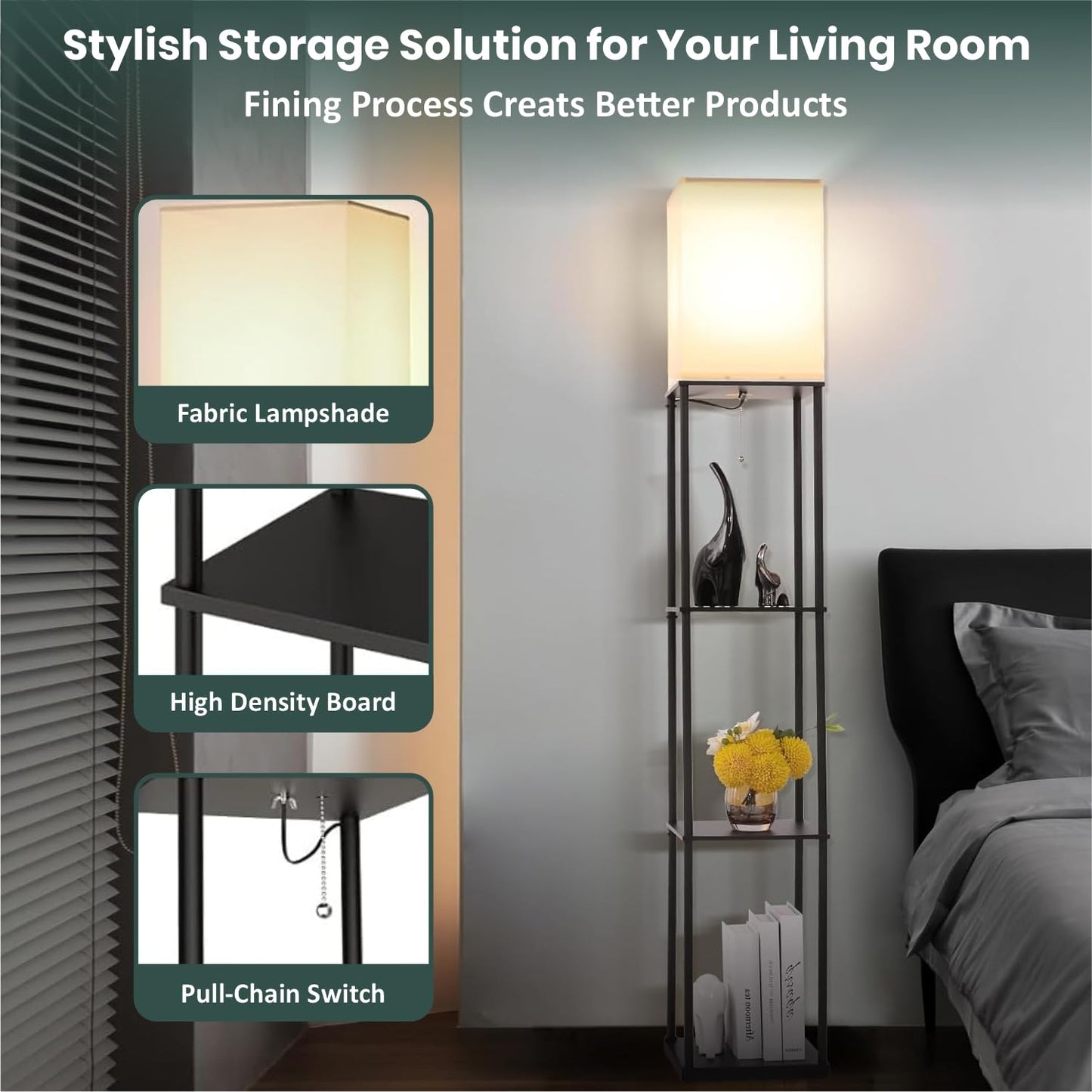 4-Tier Floor Lamp with Adjustable LED Lighting, Metal & Wooden Shelves, 173 cm Tall, Black